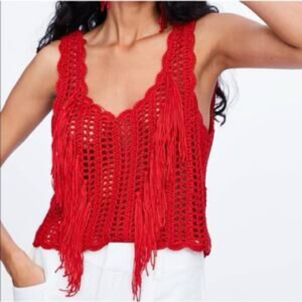 Zara Red Crochet Fringe Knit Sleeveless Crop Top M Weatern Festival Boho NEW